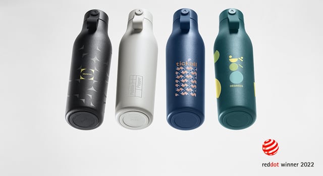4 personalised water bottles in black, white, blue and green with custom colourful water bottle designs